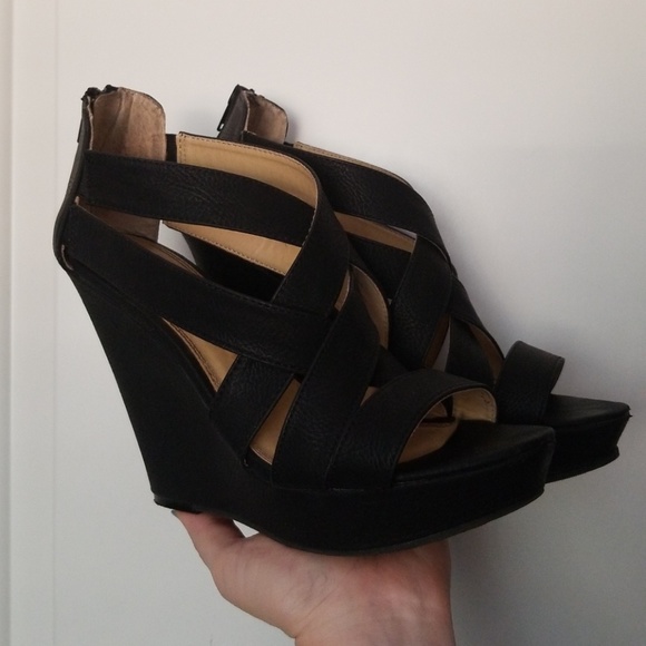 Black Faux Leather Strappy Criss Cross Wedges - Picture 2 of 7